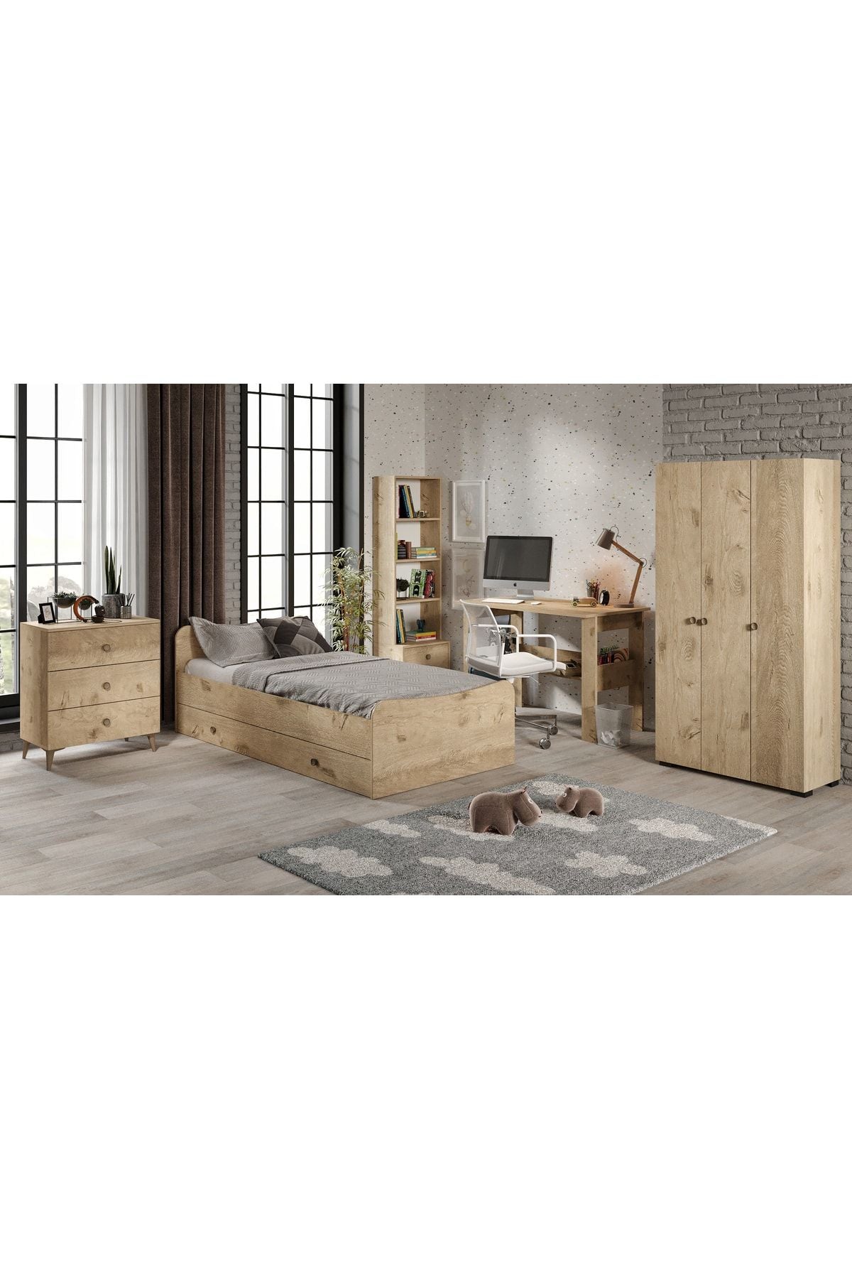 Selen Çocuk Odası Takımı Meşe - 5 Parçalı Tamamı 1. Kalite Mdf