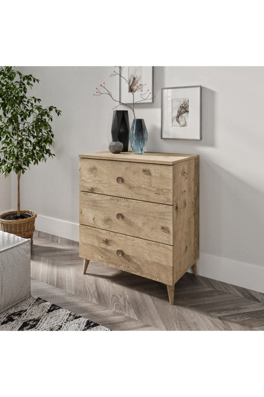 Gardenya 3 Çekmeceli Meşe Şifonyer - Tamamı 1. Kalite Mdf