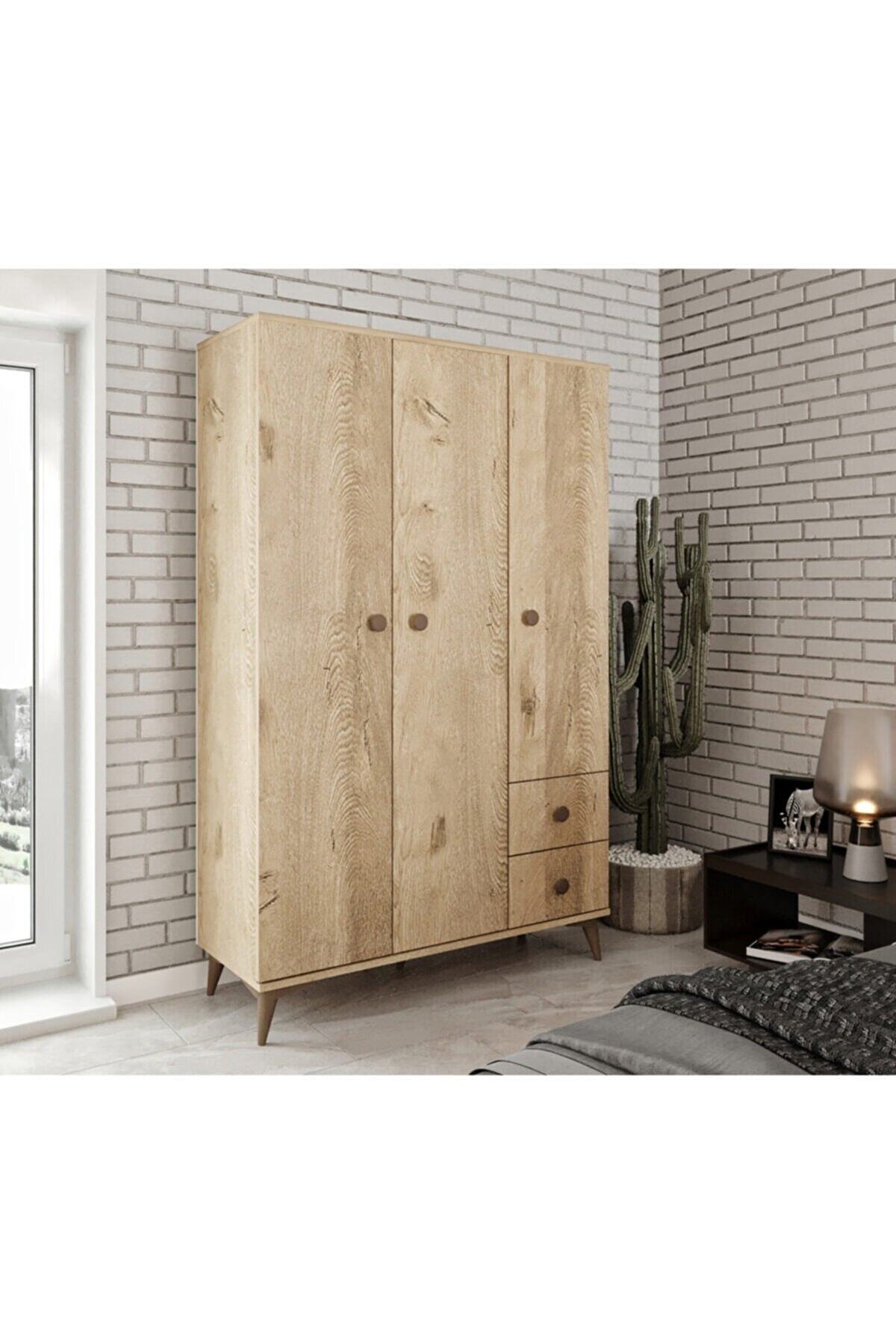 Akasya 3 Kapaklı 2 Çekmeceli Mdf Gardrop Elbise Dolabı Meşe - Tamamı 1. Kalite Mdf