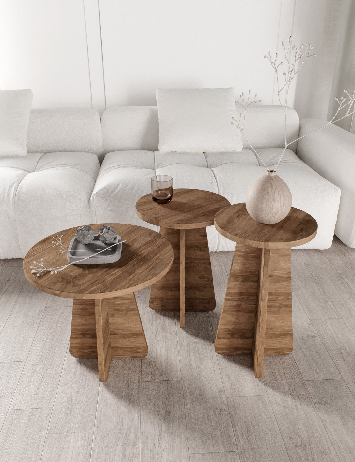 KZNMOB HOME Mush 3lü Zigon Sehpa, Beyaz, Ceviz, Meşe, Traverten Desenli- Tamamı MDF