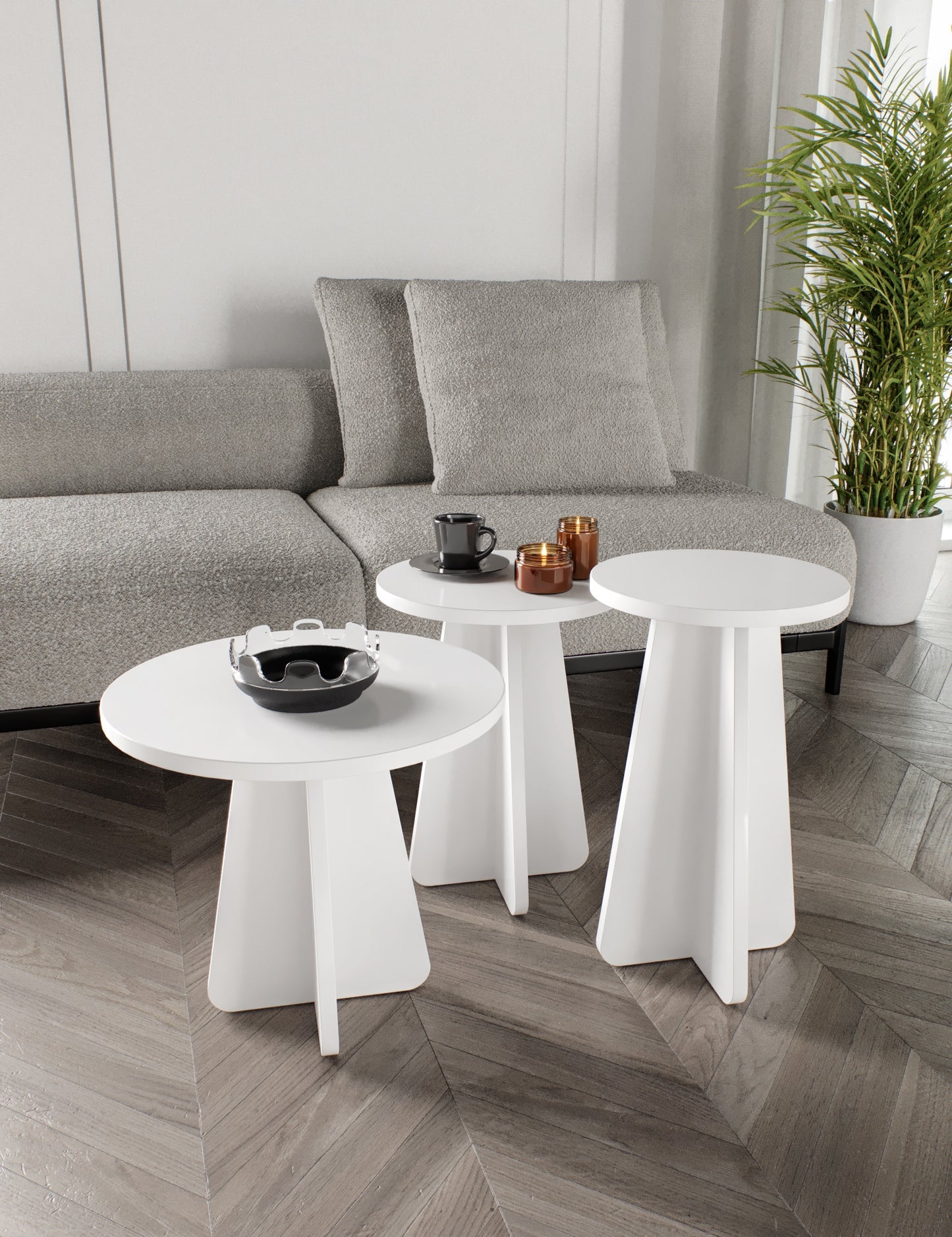KZNMOB HOME Mush 3lü Zigon Sehpa, Beyaz, Ceviz, Meşe, Traverten Desenli- Tamamı MDF