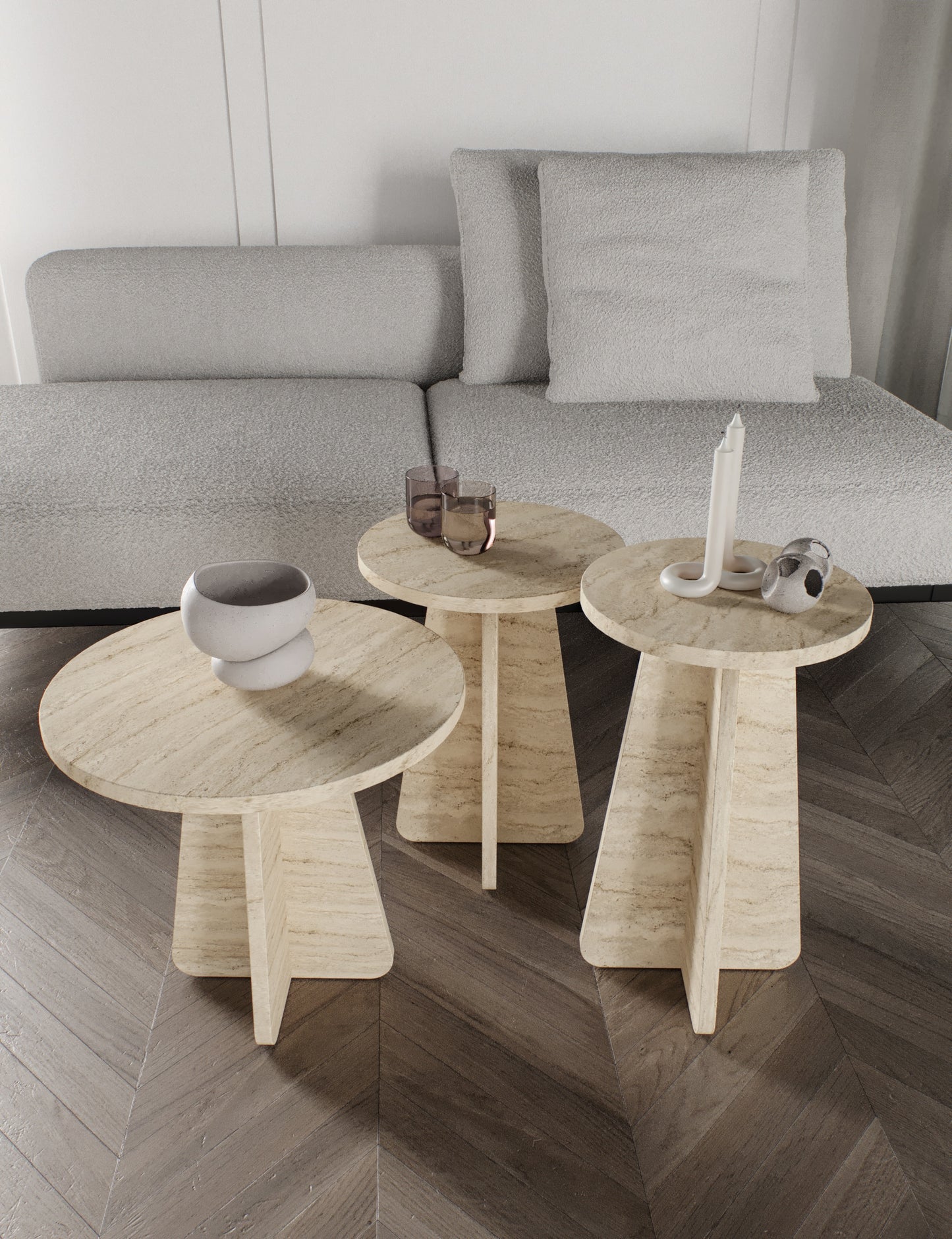 KZNMOB HOME Mush 3lü Zigon Sehpa, Beyaz, Ceviz, Meşe, Traverten Desenli- Tamamı MDF