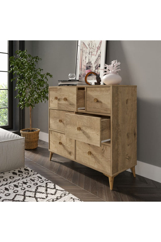 Karanfil 7 Çekmeceli Modern Meşe Şifonyer - Tamamı 1. Kalite Mdf