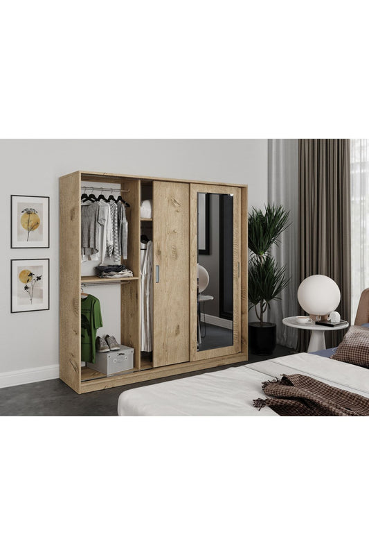 Samira 3 Kapaklı Sürgülü Aynalı Gardrop Elbise Dolabı - Tamamı Meşe Mdf