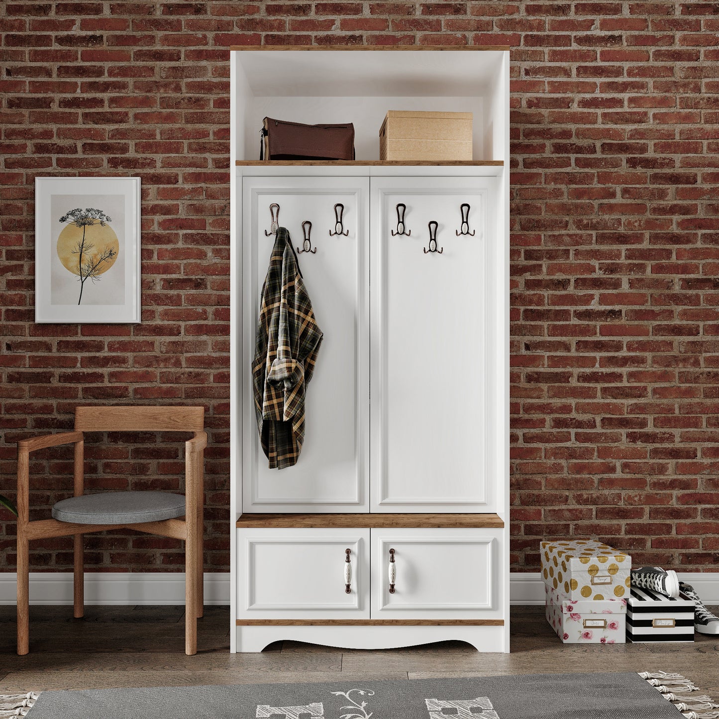 KZNMOB HOME Stella 4 Kapaklı 6 Askılı 5 Bölmeli Country Vestiyer, Portmanto Beyaz-Ceviz- Tamamı MDF
