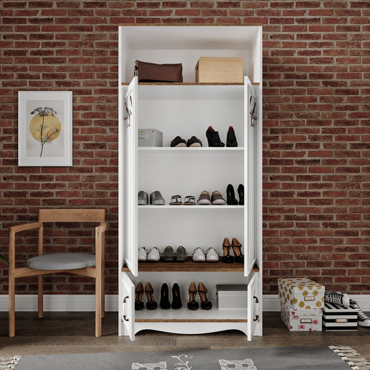 KZNMOB HOME Stella 4 Kapaklı 6 Askılı 5 Bölmeli Country Vestiyer, Portmanto Beyaz-Ceviz- Tamamı MDF