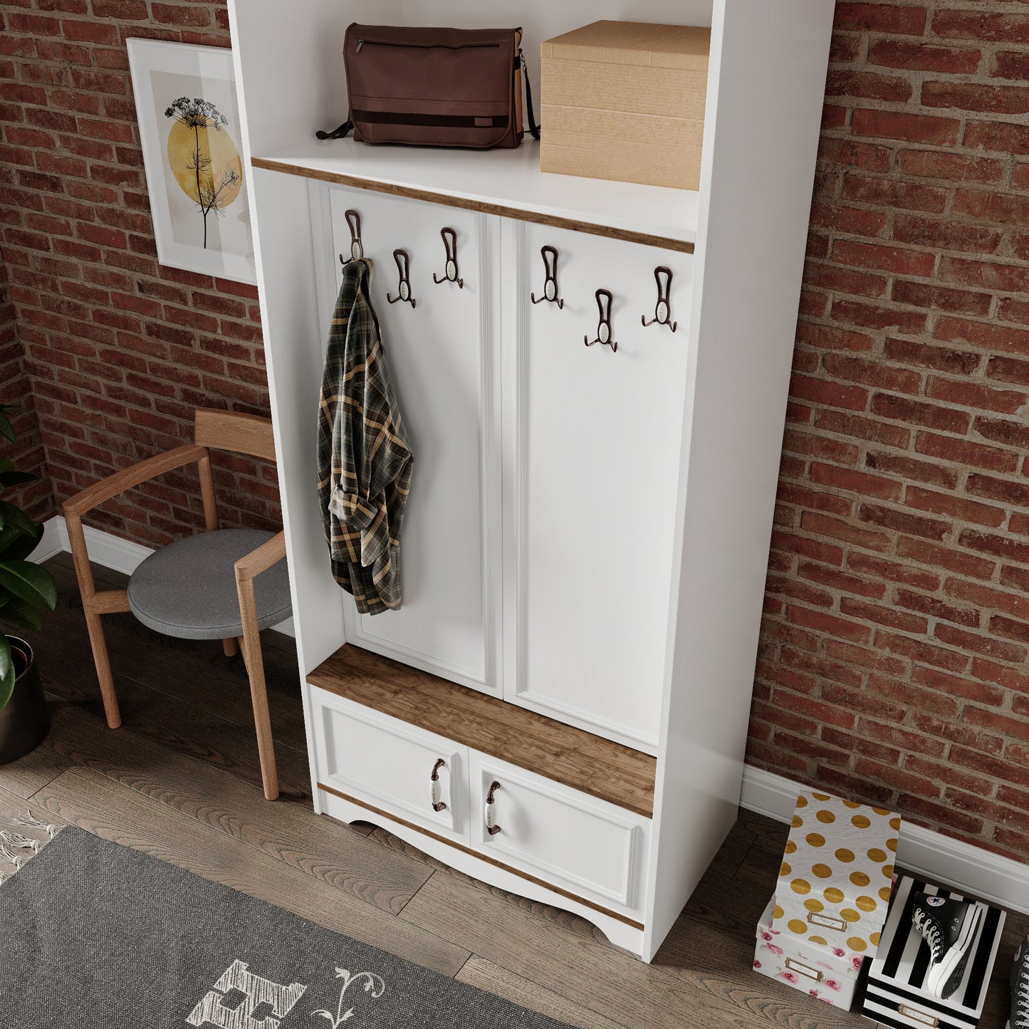 KZNMOB HOME Stella 4 Kapaklı 6 Askılı 5 Bölmeli Country Vestiyer, Portmanto Beyaz-Ceviz- Tamamı MDF