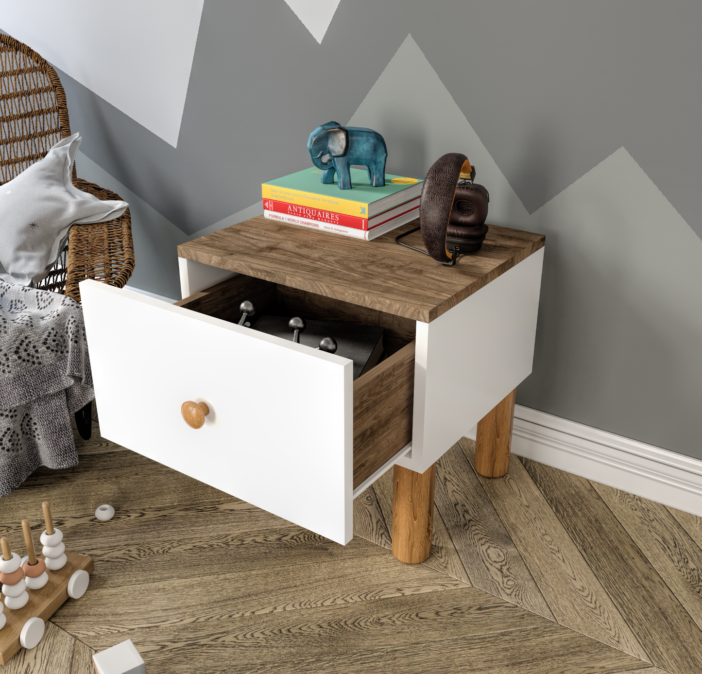 KZNMOB HOME Bohem Komodin Beyaz-Ceviz - Tamamı MDF