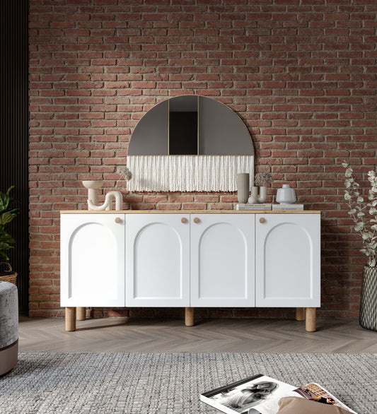 KZNMOB HOME Yıldız Çok Amaçlı Membran Kapaklı Bohem Konsol Beyaz-Meşe, Bohem Salon Mobilyası - Tamamı MDF