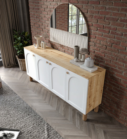 KZNMOB HOME Yıldız Çok Amaçlı Membran Kapaklı Bohem Konsol Beyaz-Meşe, Bohem Salon Mobilyası - Tamamı MDF