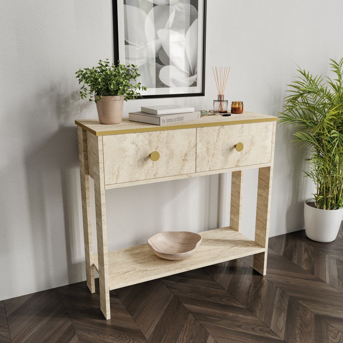 KZNMOB HOME Traverten Desenli Modern Dresuar, 2 Çekmeceli 90cm Mermer Desenli - Tamamı MDF