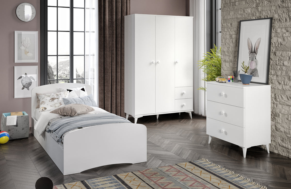 KZNMOB HOME Soft Çocuk Odası Takımı Beyaz - Karyola, 3 Kapaklı 2 Çekmeceli Gardırop, 3 Çekmeceli Şifonyer