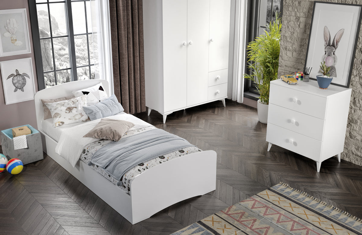 KZNMOB HOME Soft Çocuk Odası Takımı Beyaz - Karyola, 3 Kapaklı 2 Çekmeceli Gardırop, 3 Çekmeceli Şifonyer