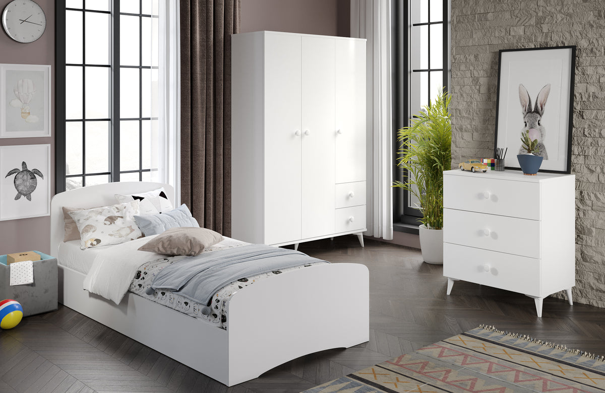 KZNMOB HOME Soft Çocuk Odası Takımı Beyaz - Karyola, 3 Kapaklı 2 Çekmeceli Gardırop, 3 Çekmeceli Şifonyer