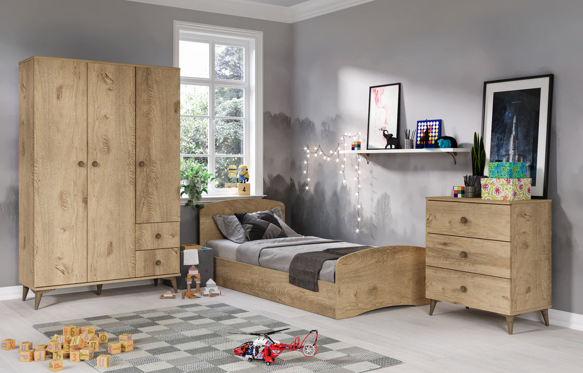 KZNMOB HOME Soft Çocuk Odası Takımı Meşe - 3 Kapaklı 2 Çekmeceli Gardırop, Karyola, 3 Çekmeceli Şifonyer