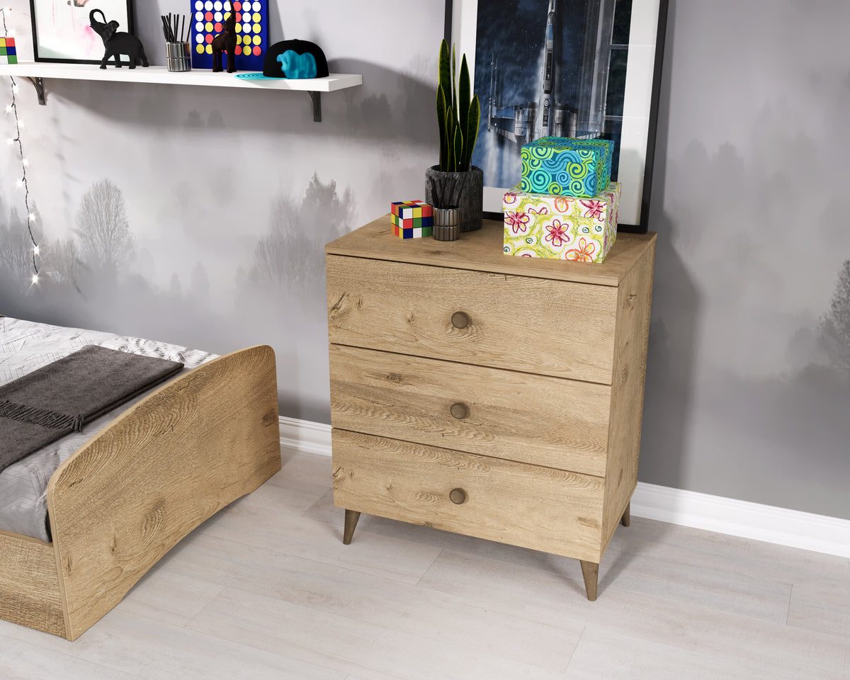 KZNMOB HOME Soft Çocuk Odası Takımı Meşe - 3 Kapaklı 2 Çekmeceli Gardırop, Karyola, 3 Çekmeceli Şifonyer