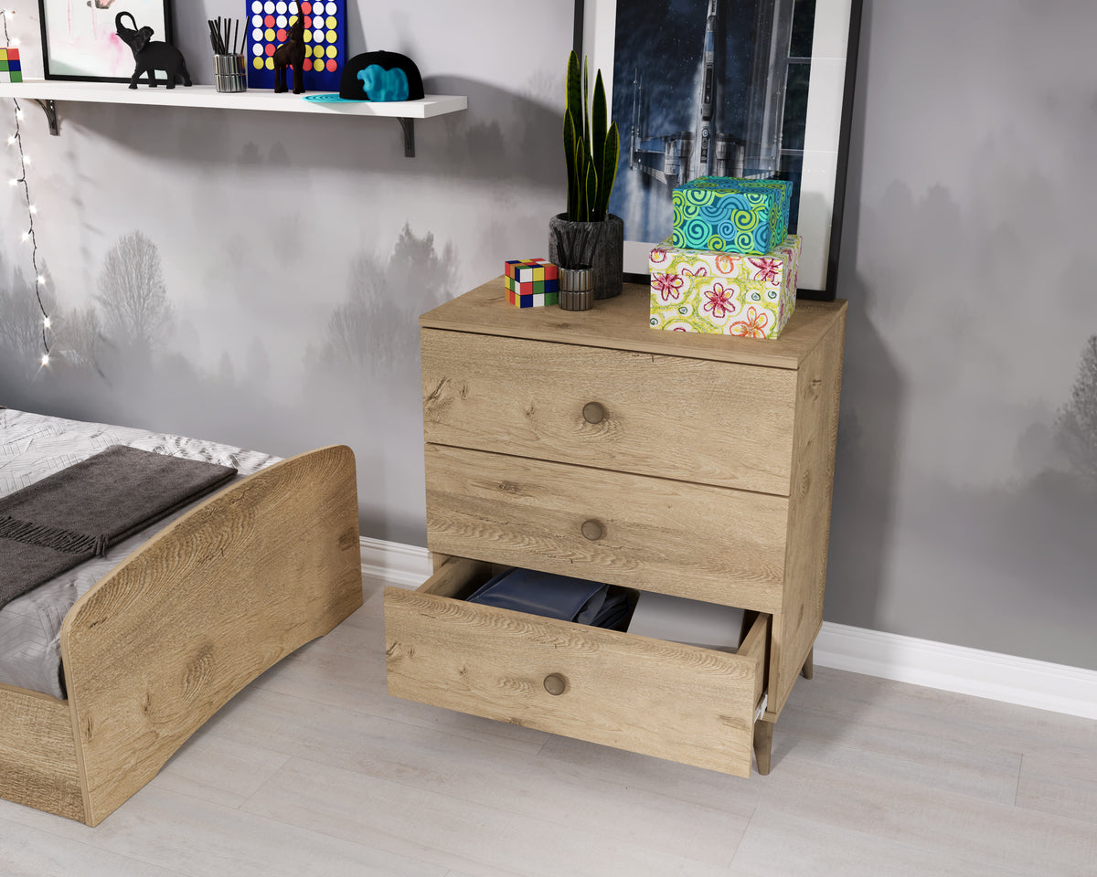 KZNMOB HOME Soft Çocuk Odası Takımı Meşe - 3 Kapaklı 2 Çekmeceli Gardırop, Karyola, 3 Çekmeceli Şifonyer