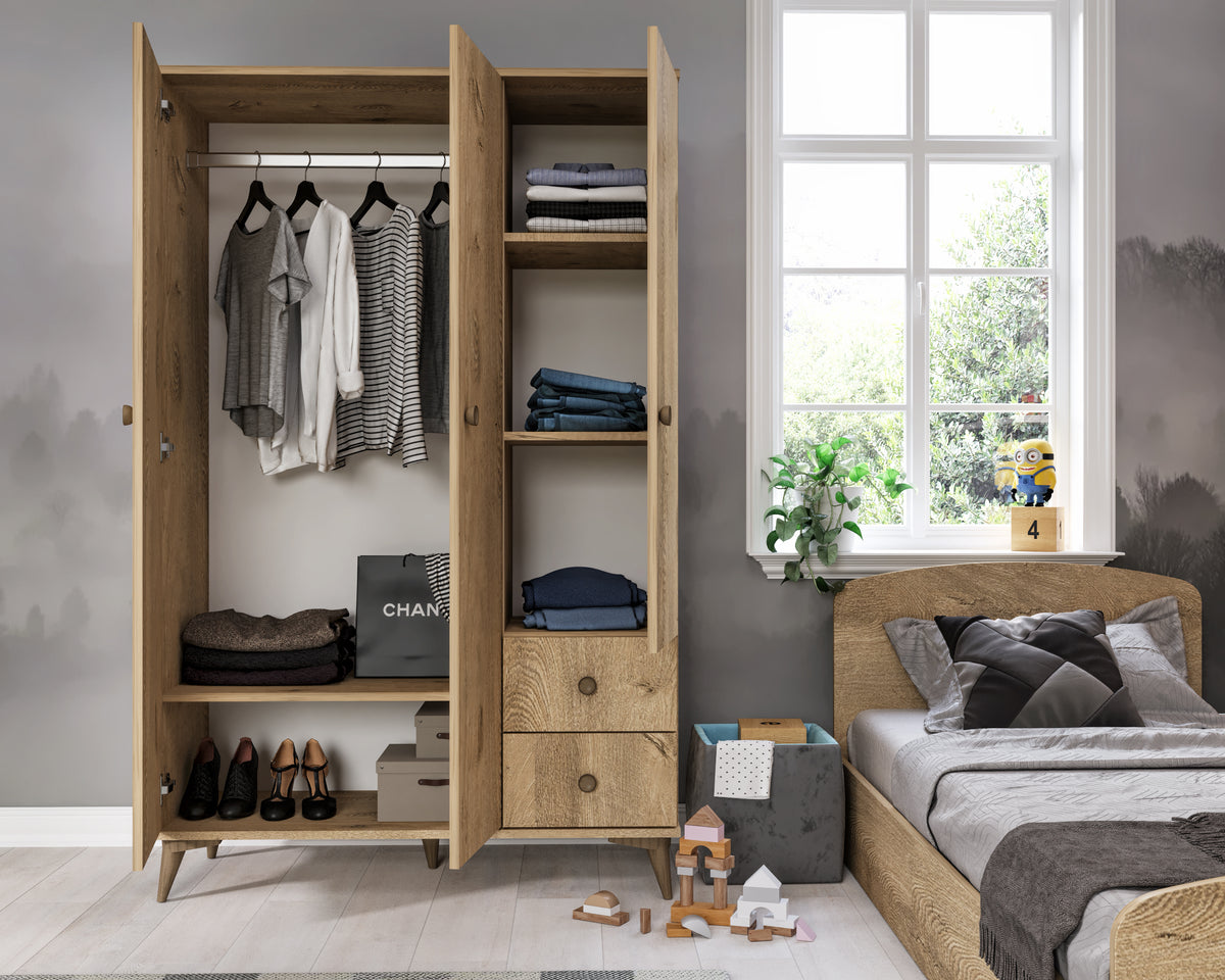 KZNMOB HOME Soft Çocuk Odası Takımı Meşe - 3 Kapaklı 2 Çekmeceli Gardırop, Karyola, 3 Çekmeceli Şifonyer
