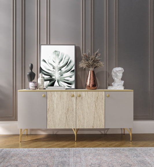 KZNMOB HOME Traverten Çok Amaçlı Modern Konsol, 4 Kapaklı 160cm Mermer Desenli Konsol - Tamamı MDF
