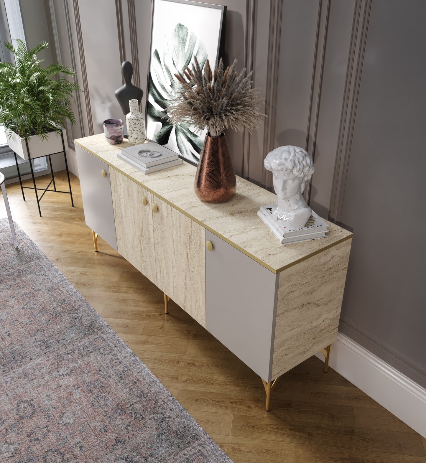 KZNMOB HOME Traverten Çok Amaçlı Modern Konsol, 4 Kapaklı 160cm Mermer Desenli Konsol - Tamamı MDF