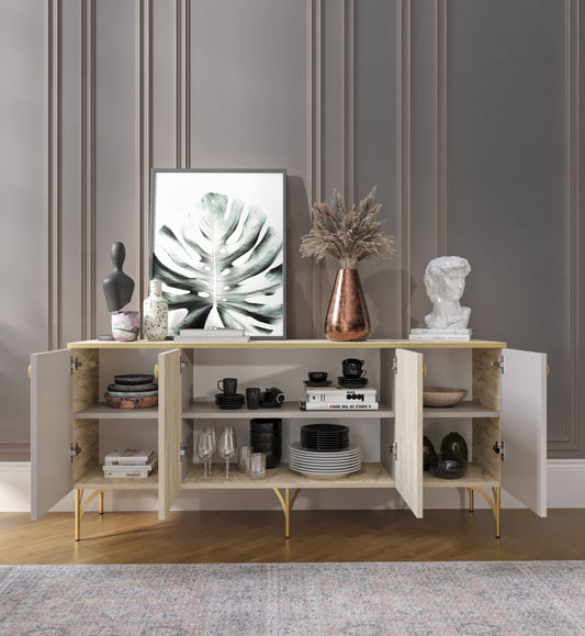 KZNMOB HOME Traverten Çok Amaçlı Modern Konsol, 4 Kapaklı 160cm Mermer Desenli Konsol - Tamamı MDF
