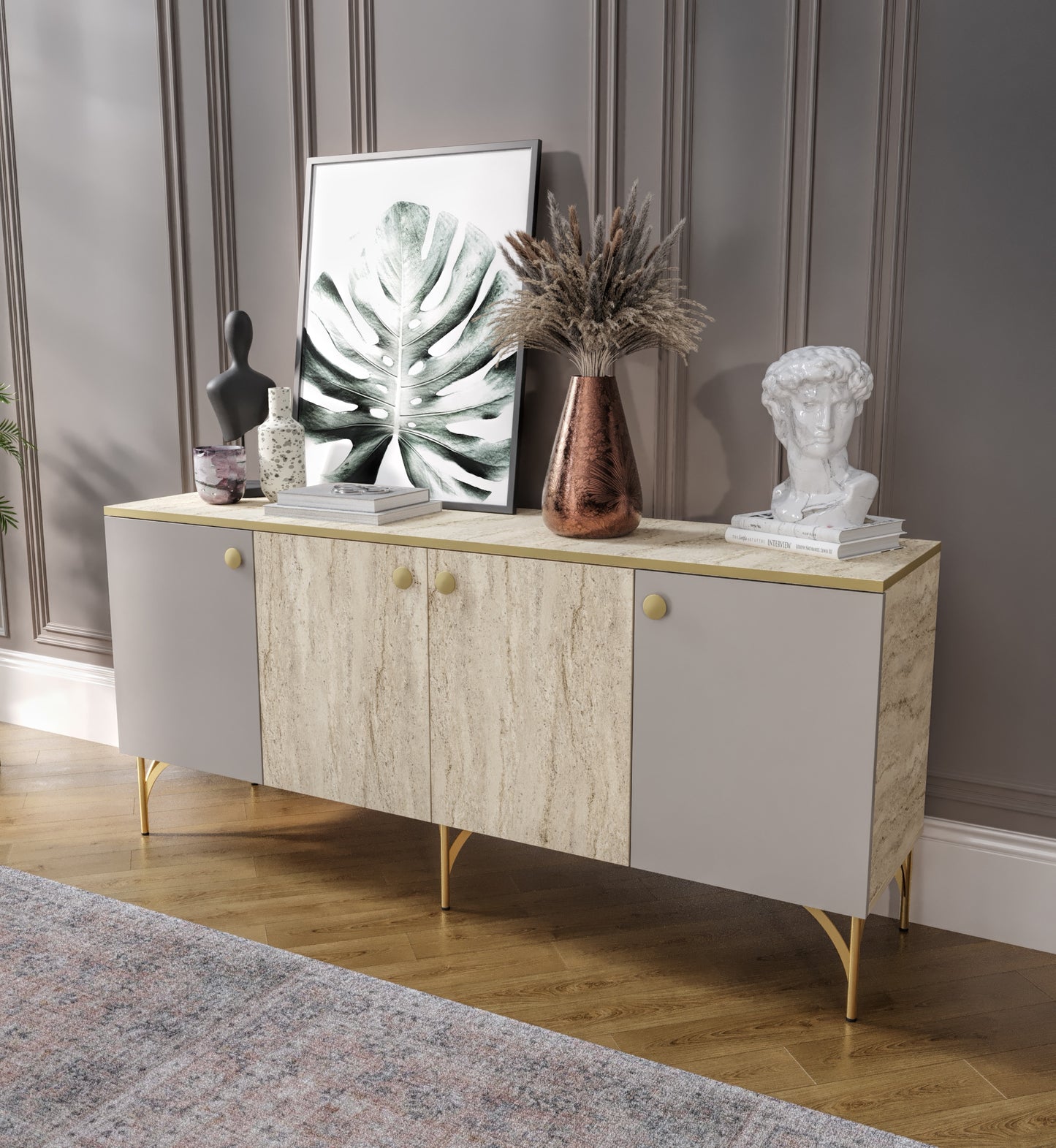 KZNMOB HOME Traverten Çok Amaçlı Modern Konsol, 4 Kapaklı 160cm Mermer Desenli Konsol - Tamamı MDF