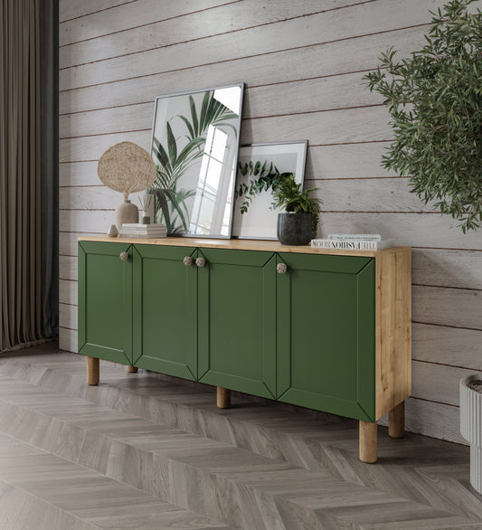 KZNMOB HOME Alice Çok Amaçlı Membran Kapaklı Bohem Konsol Koyu Yeşil-Meşe, Bohem Salon Mobilyası - Tamamı MDF
