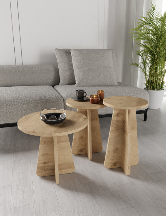 KZNMOB HOME Mush 3lü Zigon Sehpa, Beyaz, Ceviz, Meşe, Traverten Desenli- Tamamı MDF