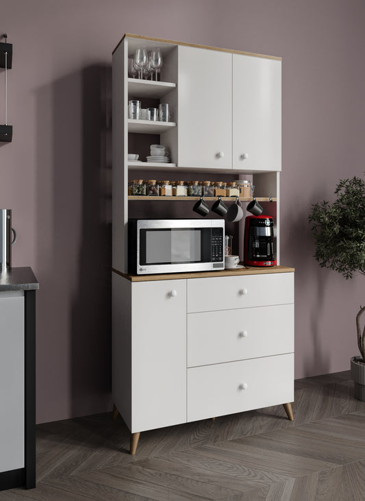 KZNMOB HOME Stella Kahve Köşesi Dolabı Beyaz-Meşe 90cm, Erzak Dolabı, Kiler Dolabı