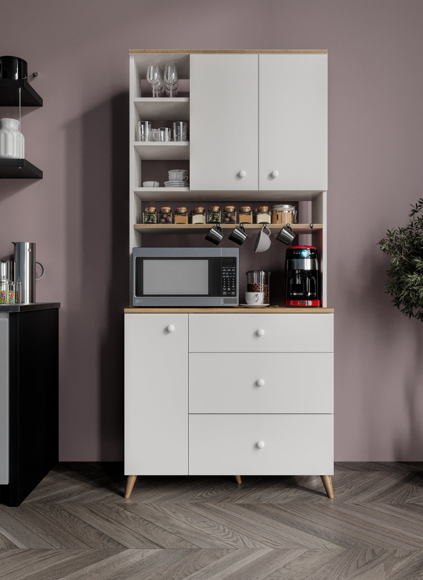 KZNMOB HOME Stella Kahve Köşesi Dolabı Aytaşı Beyaz-Meşe 90cm, Erzak Dolabı, Kiler Dolabı