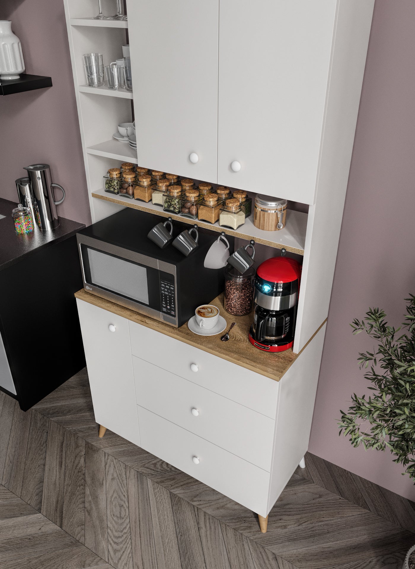 KZNMOB HOME Stella Kahve Köşesi Dolabı Aytaşı Beyaz-Meşe 90cm, Erzak Dolabı, Kiler Dolabı