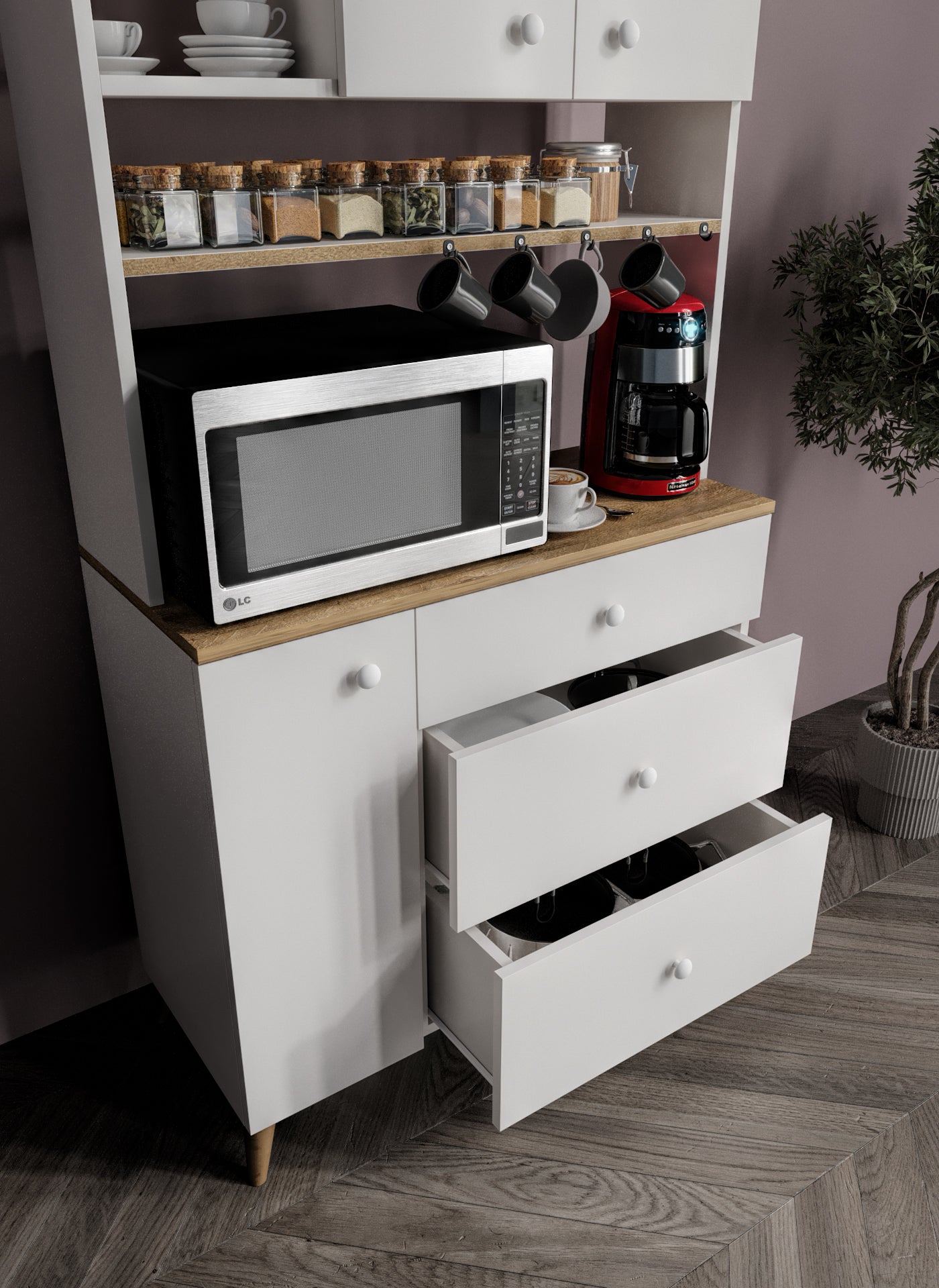 KZNMOB HOME Stella Kahve Köşesi Dolabı Aytaşı Beyaz-Meşe 90cm, Erzak Dolabı, Kiler Dolabı