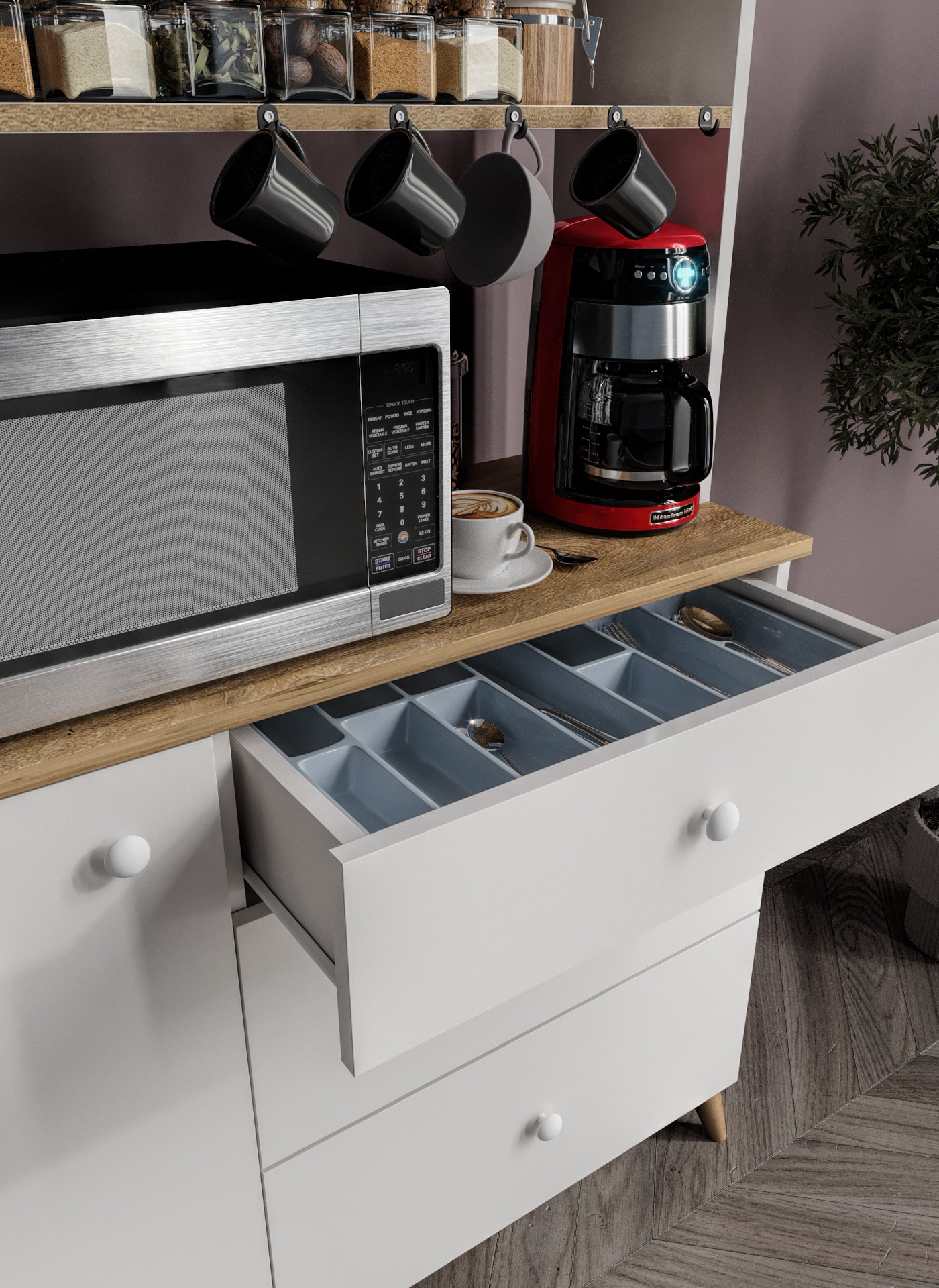 KZNMOB HOME Stella Kahve Köşesi Dolabı Aytaşı Beyaz-Meşe 90cm, Erzak Dolabı, Kiler Dolabı